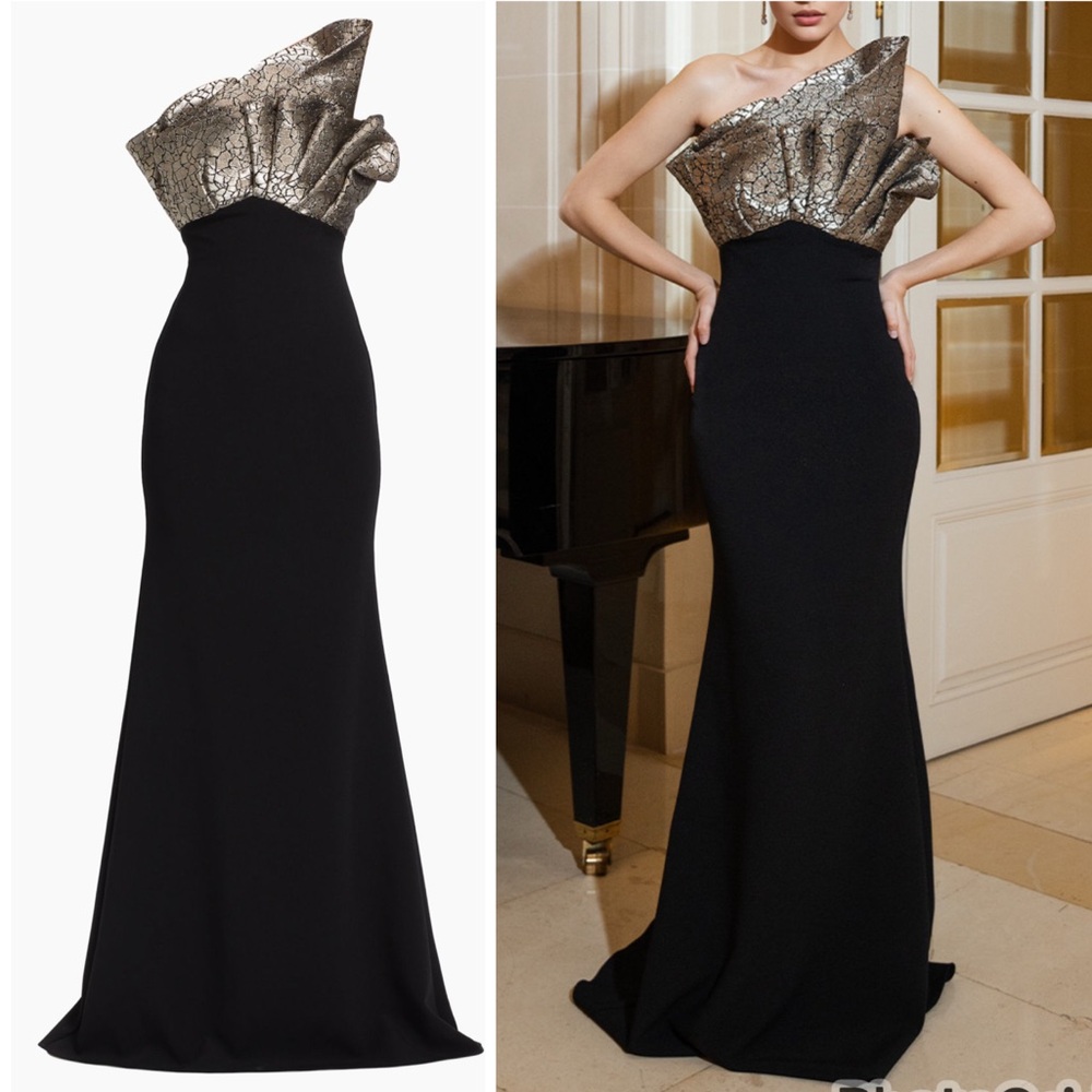 Badgley Mischka Brocade & Crepe Strapless Gown Black Maxi Metallic Ruffle Dress